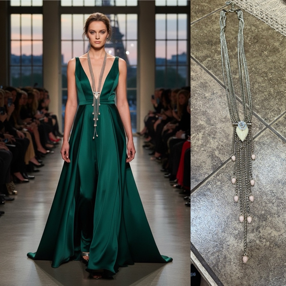 Long Silver Multi-Chain Necklace with Heart Pendant - Pink Accents